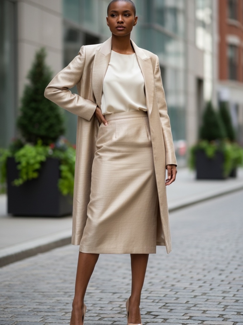 NWOT 2PC JONES STUDIO TEXTURED TAN POWER SUIT COAT & MIDI PENCIL SKIRT SZ 10